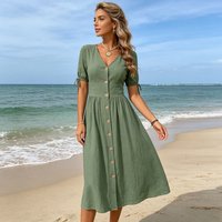Women's Summer Dress Short Sleeve Button-up V-neck A line Women's Beach Dress Elegant Cuff Strap Women's Casual Vacation Dresses