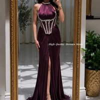 Evening Dress Luxury Rhinestone Corset Mermaid Gown Halter Pleated Shiny Fabric Slit Formal Gala Evening Dresses Customized