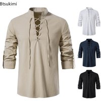 Mens Pirate Shirt Viking Retro Renaissance Medieval Gothic Victorian Halloween Costume Casual Cotton Linen Lace Up Hippie Shirts