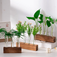 Vintage Solid Wood Base with Transparent Test Tube for Hydroponic Plants Desktop Decorative Ornament Pothos Flower Pot & Floral