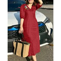 ZANZEA Women V Neck A-line Vestidos Solid Holiday Casual 2024 Summer Dresses Commute Half Sleeve Floral Embroidery Midi Dress