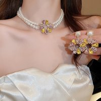 2 Pcs Flower Square Rhinestone Chokers Necklaces for Women Imitation Pearl Drop Earrings Rerto Banquet Jewelry Accessories K