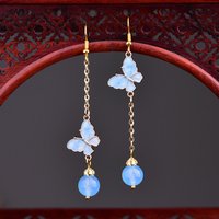 Blue Natural Jade Beads Earrings Lucky Real Jewelry Gifts for Women Vintage Fashion Accessories Carved Gemstone