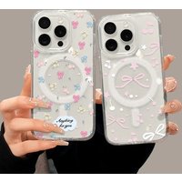 Cherry Star Pink Bowknot Wireless Charging Magnetic Case for iPhone 17 Air 16 15 14 13 12 11 Pro Max Acrylic Hard Silicone Cover