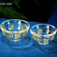 Buddhism Altars Crystal Bowl,Engraving Golden Auspicious Exquisite Texture Cup,Tibetan Handicraft Holy Water Bowl Buddhist Item
