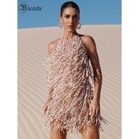 VC Beaded Fringe Mini Dress For Women Halter Neck Tassel Party Dress Crystal Cocktail Dress Sexy Backless Evening Club vestidos