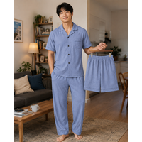 Men's 3PCS Pajama Set Summer Short Sleeve Shirt Long Pants & Matching Shorts Soft Lightweight S Lightweight Sleepwear Loungewear