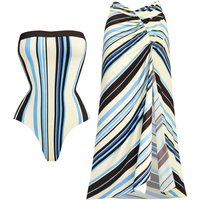 Striped 3Pcs Bandeau One Piece Swimsuit Sexy Bikini Women Push Up Swimwear High Cut Swimming Suit Female Bathingsuit Beachwear