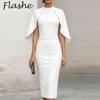Elegant Cape Dress Women Short Sleeve Solid Color Slim Waist Bodycon Dress Women Evening Party Dress White Office Lady Dress