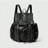 Women's Punk Rivet Cross Backpack PU Leather Rucksack With Drawstring Closure For Daily Use