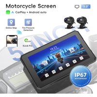 Podofo 5-inch Portable Digital Motorcycle Dashboard GPS Motorcycle Navigation Display Screen Wireless CarPlay Moto Android Auto with 2 Cameras DVR