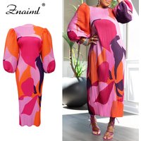 Znaiml O-Neck Long Lantern Sleeve Loose Mid Dress Women Print Patchwork Pleated Gown Evening Holidays Festivals Birthday Robe