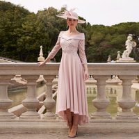 Elegant Pink Mother of the Bride Dresses V Neck 3/4 Sleeves Chiffon Wedding Party Gowns Applique A-Line Tea Length فساتين السهرة