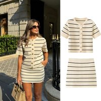CHARMCHANT Women's Beige Black Striped Gold Button Short Sleeve Knit Cardigan + High Waist Bodycon Mini Skirt Two Piece Set 2026