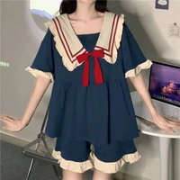 Women Home Wear Suit Large Size Pajamas Sweet Doll Collar Girl Sleepwear Kawaii Dress Solid Colour Short Sleeve Shorts 2PCS Set