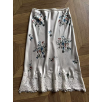 Flower Print Women Knee-length Skirt 100% Silk Lace Embroidery Patchwork High Waist Casual Slim Jupe