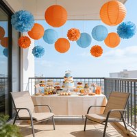 10PCS Blue Orange Paper Lanterns And Flower Balls Hanging Decorations Perfect for Weddings Birthdays Anniversaries Country Theme