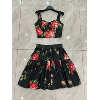 High Quality Rose Cotton Bodysuit And Skirt Set Black Background Fashionable Women's Clothing High Waist Cotton Print