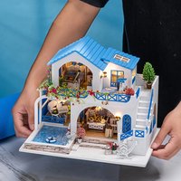 OUZEY Blue & White Town Wooden Dollhouse Miniature Building Kits with Furniture LED for Adults DIY Craft House Kit Birthday Gift
