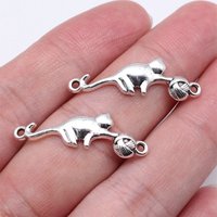 WYSIWYG 20pcs 30x9mm Antique Silver Color Cat Playing With Yarn Ball Connector Pendant For DIY Jewelry Making Jewelry Findings