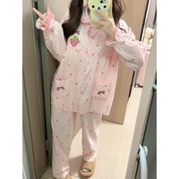 Strawberry Embroidery Sleepwear Long Sleeve Doll Collar Open Cardigan Long Pants Home Clothes Student Outdoor Set for Women