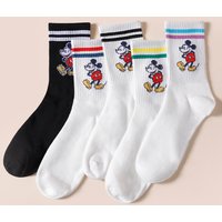 5 Pairs of Korean Style Fashionable Disney Mickey Mouse Striped Socks With Cotton Print Cartoon Women's and Teenagers' Socks