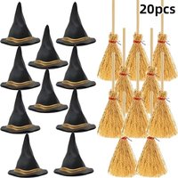 20Pcs Miniature Witch Hats And Mini Brooms Halloween Party Mini Wizard Hats Cake Decorations Wedding Birthday Party DIY Crafts