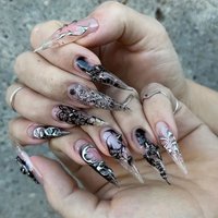 24Pcs Fashion Long Stiletto Press on False Nails with Y2k Design Wearable Black Stripe Almond Head Fake Nail Art Manicure Tips