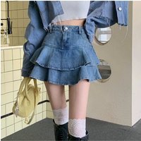 Design Double-layer Ruffle Edge High Waist Pleated Denim Skirt Anti-light Short Skirt for Women
