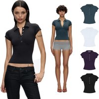 Tank Polo Collar Short-Sleeve T-Shirt, Slim-Fit Waist-Cinching Style, Slimming Hot Girl Style Short Top, High-Elastic Slim-Fit Waist-Cinching Polo Shirt, Hot Girl Style for Layering or Wearing Alone