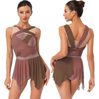 Women Modern Lyrical Dance Leotard Dress Shiny Rhinestone Sheer Mesh Bodysuit for Figure Skating Gymnastics Acrobatics Ballet