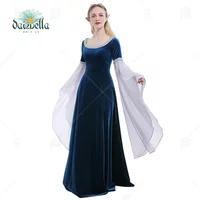 DAIZBELLA Halloween Medieval Cosplay Costume Handmade Historical Dress Retro Fairy Elf Dark Blue Velvet Gown with Sleeves