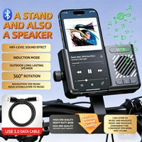 Bicycle Phone Holder with Wireless Induction Speaker Waterproof Shockproof Outdoor Bike Speaker with Mic No Bluetooth Needed
