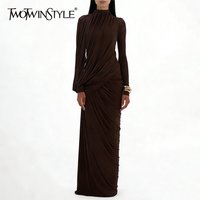 TWOTWINSTYLE Casual Spliced Folds Irregular Dresses for Women Round Neck Long Sleeves Tunic Design Sense Long Dress Female New