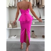 Vintage Two Pieces Solid Patchwork Matching Sets, Women Summer Sexy Strapless Top Elegant Outfit, Maxi Skirts Simple Ladies Suit