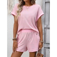 Summer Shorts Set Loose Comfortable Striped Fashionable Everyday Resort Style Round Neck Short-sleeved Tops Shorts Two-piece Set