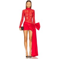 Red Lace Cocktail Dress Knee Length Mini Short Length Mermaid Long Sleeves Holiday Party Gown Evening Dress Bow Saudi Dress