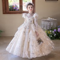 Luxury Champagne Princess Long Sleeves Flower Girl Dresses Beads A-Line Wedding Party Dress For Kids Birthday Dresses Customized