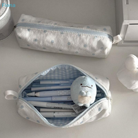 ⛟Cute Blue Polka Dot Nylon Pencil Case, Large Capacity Zipper Pen Pouch For School & Office