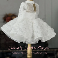 White Lace Long Sleeve Flower Girl Dress 3D Rose Voluminous Tulle Skirt Kids Wedding Birthday Tutu Gown Customized