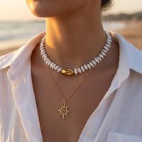 Boho Baroque Irregular Imitation Pearl Necklace For Women Vintage Sun Pendant Layered Choker Summer Vacation Party Jewelry Gift