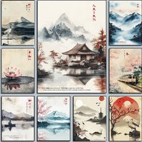 Japanese Vintage Posters Crane Mount Fuji Prints Lake Fishing Lotus Flower Canvas Painting Wall Pictures Home Living Room Dec