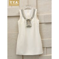Females Summer Diamond Shiny Sleeveless Dress Fashion Beading O-Neck Bow Sweet Above Knee Length Dresses A-Line Chic Sundress