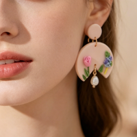Handmade Polymer Clay Floral Earrings Mini Tulip Daisy Garden Dangle with Pearls Lightweight Boho Botanical Jewelry Unique Sweet