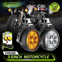 BraveWay 2PCS 3.5 Inch Motorcycle LED Auxiliary Spotlights White Amber Flash Waterproof Motorbike Driving Lamps Motorcycle LED Fog Lights