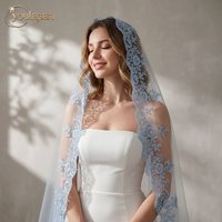 TOPQUEEN Velo De Novia Bridal Veil Blue Lace Wedding Veil Combless Powder Blusher Veil Acesorio Noiva Customizable M115