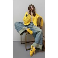 Loose Yellow Lantern Sleeve Sweater Cardigan Cozy Atmosphere Korean Style Long Sleeve Polyester Fiber City Walk Fashion