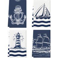 2/4pcs Retro Line Drawing Sea Breeze Elements Kitchen Towels, Absorbent Soft Kitchen Tea Towel Set, Kitchen Decorations
