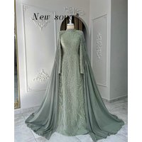 Sage Green Modest Evening Dresses Mermaid Cape Sleeves Muslim Formal Nikkah Wedding Party Gowns Customized Middle East Abaya