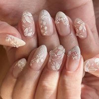 24pcs White French Almond Press on Nails Flower False Nails Simple Wearable Stick-on Nails Fake Nail 네일팁 Накладные Ногти Uñas